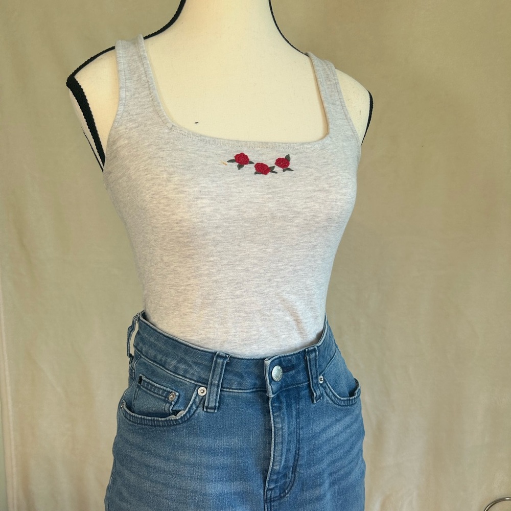 Garage Heather Gray Tank Top with Red Floral Embroidery